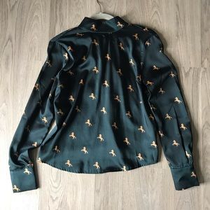 Forrest green horse print blouse w/tie sash - XS